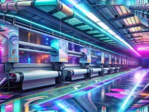 Futuristic printing facility with AI technology enhancing print production
